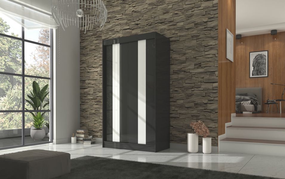 Armoire de chambre à portes coulissantes bois noir mat et blanc laqué Karola - 3 tailles - Photo n°4