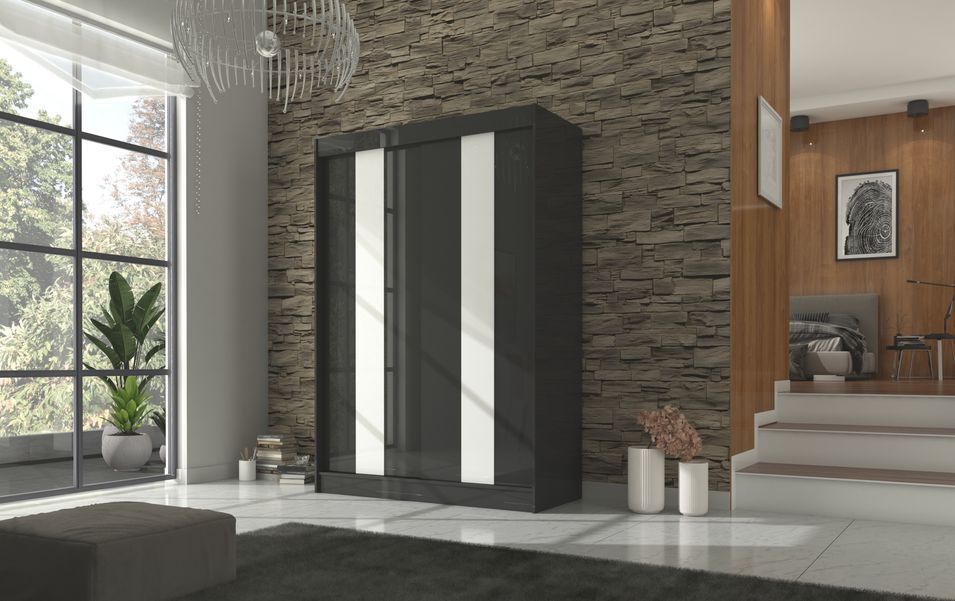 Armoire de chambre à portes coulissantes bois noir mat et blanc laqué Karola - 3 tailles - Photo n°5