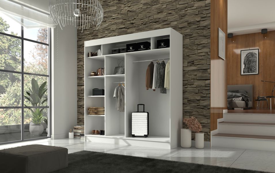 Armoire de chambre à portes coulissantes bois noir mat et blanc laqué Karola - 3 tailles - Photo n°9