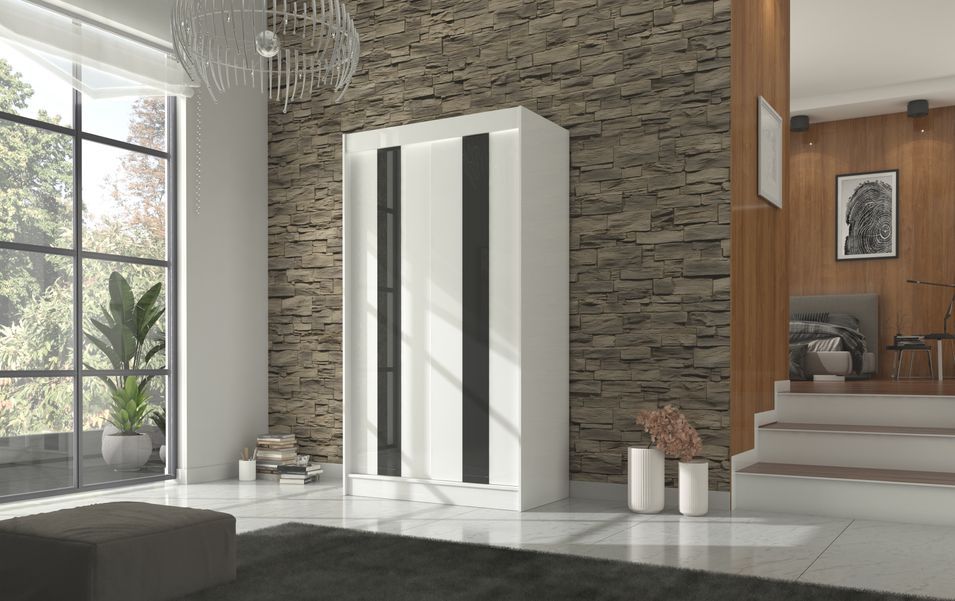 Armoire de chambre à portes coulissantes bois blanc mat et noir laqué Karola - 3 tailles - Photo n°4