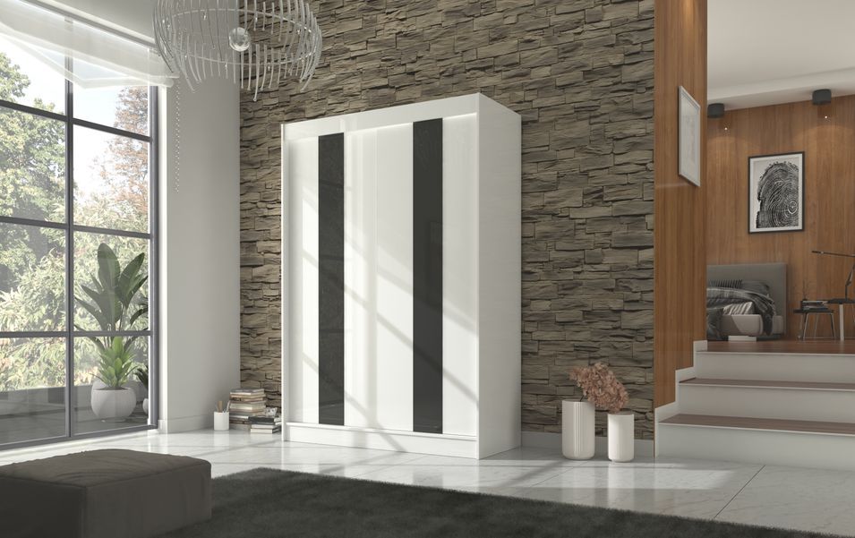 Armoire de chambre à portes coulissantes bois blanc mat et noir laqué Karola - 3 tailles - Photo n°5