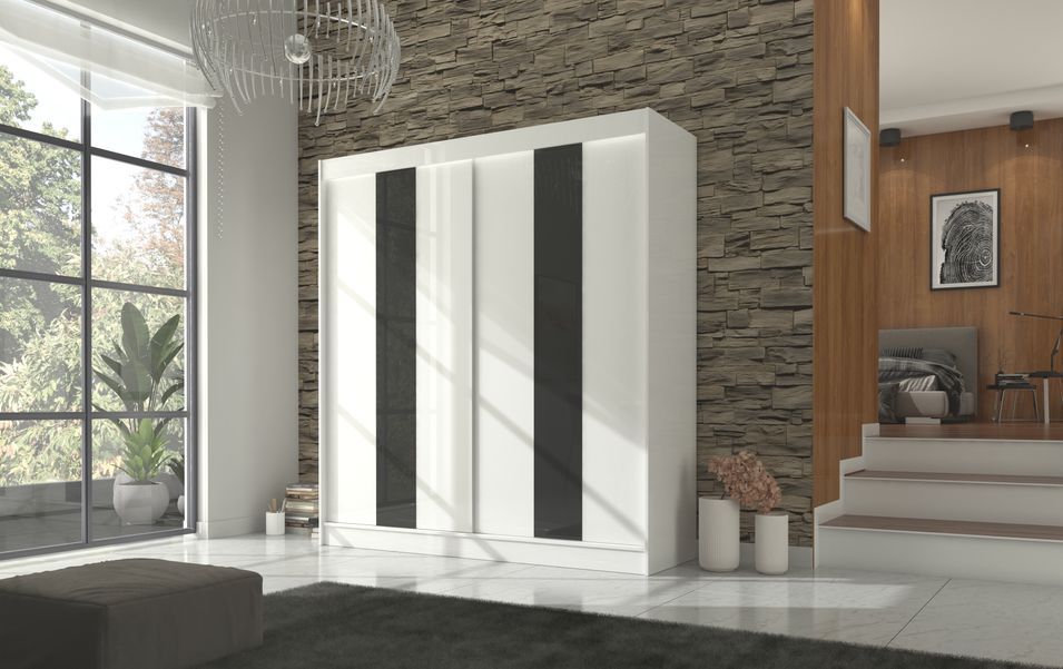 Armoire de chambre à portes coulissantes bois blanc mat et noir laqué Karola - 3 tailles - Photo n°6