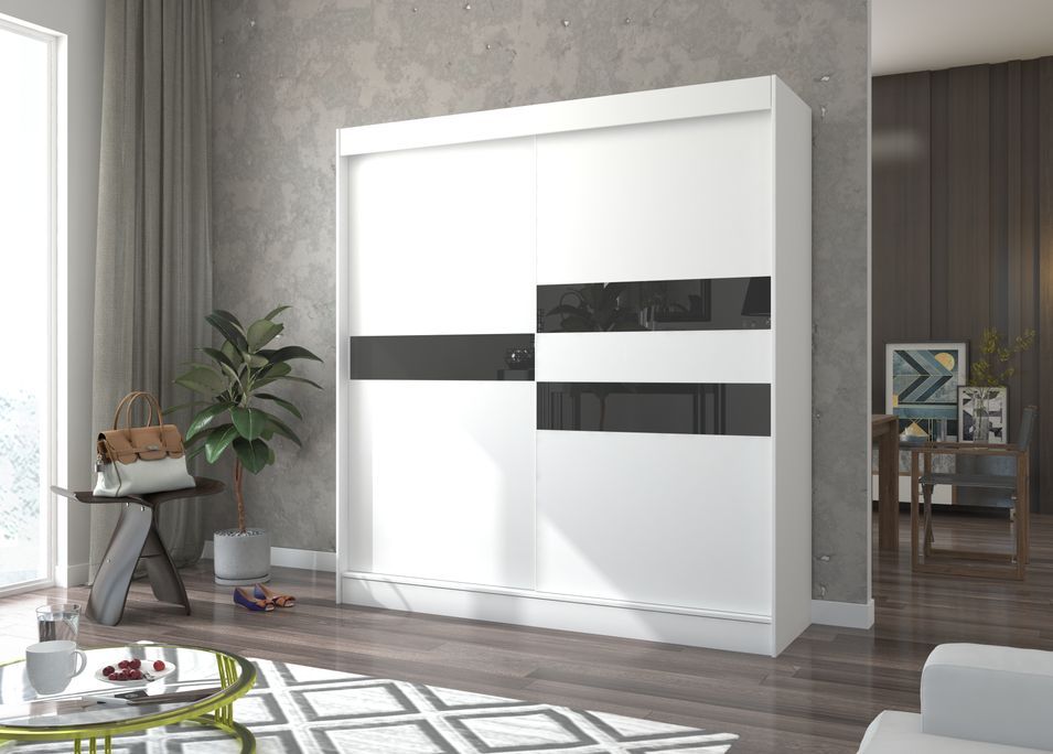 Armoire de chambre à portes coulissantes bois blanc mat et noir laqué Korza - 3 tailles - Photo n°12