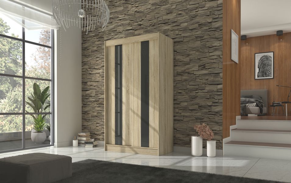 Armoire de chambre à portes coulissantes bois clair mat et noir laqué Karola - 3 tailles - Photo n°7