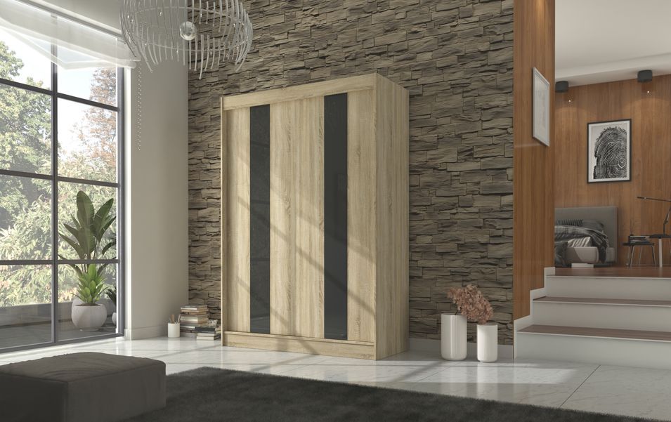 Armoire de chambre à portes coulissantes bois clair mat et noir laqué Karola - 3 tailles - Photo n°8