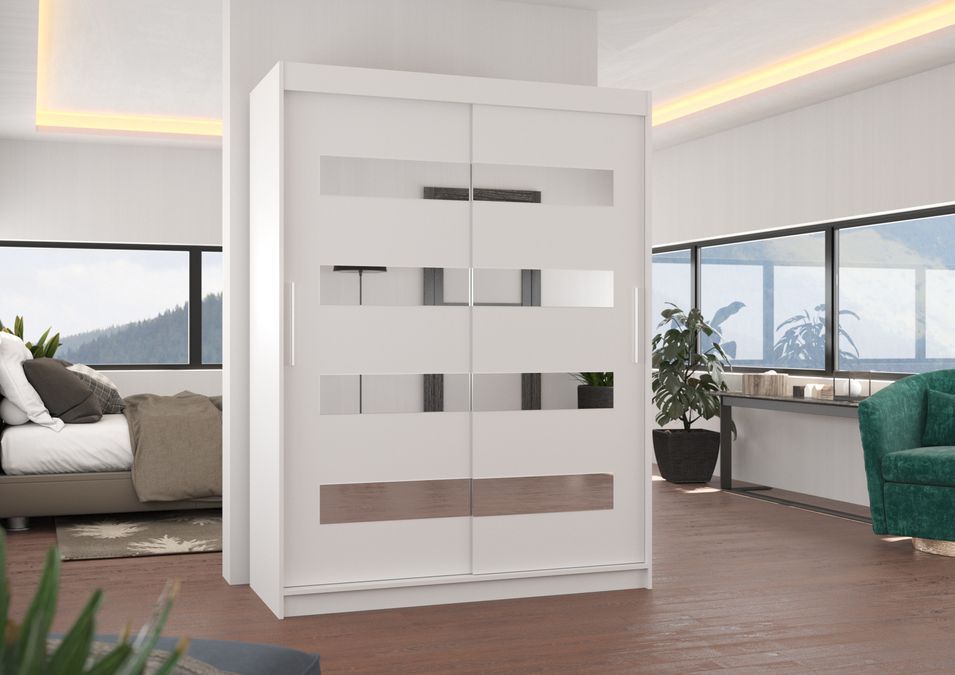 Armoire de chambre blanche 2 portes coulissantes blanc et miroirs horizontaux Bozika 150 cm - Photo n°2