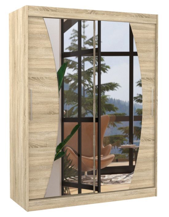 Armoire de chambre bois clair 2 portes coulissantes avec miroir Modela 150 cm - Photo n°1