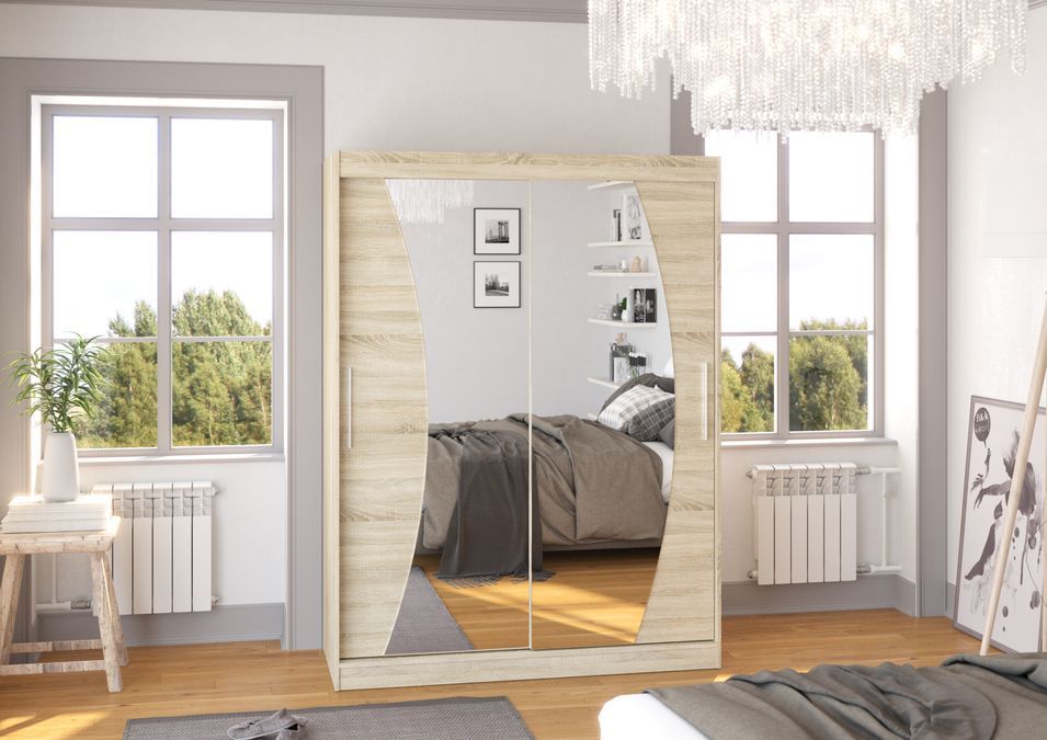 Armoire de chambre bois clair 2 portes coulissantes avec miroir Modela 150 cm - Photo n°2