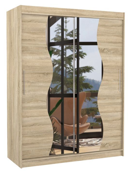 Armoire de chambre bois clair 2 portes coulissantes avec miroir Renka 150 cm - Photo n°1