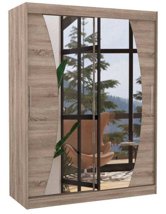 Armoire de chambre bois truffe 2 portes coulissantes avec miroir Modela 150 cm - Photo n°1