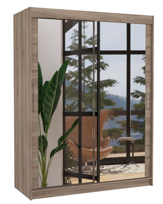 Armoire de chambre bois truffe 2 portes coulissantes avec miroir Prima 150 cm - Photo n°1