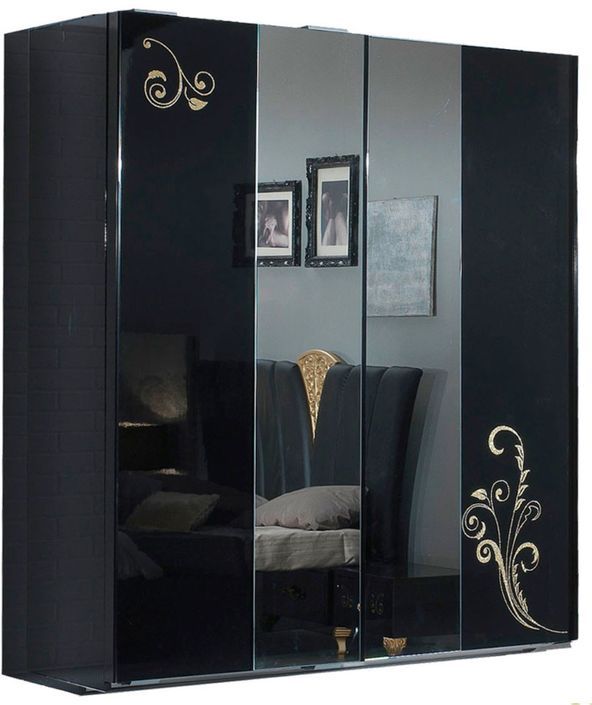 Armoire de chambre design 2 portes coulissantes bois laqué noir et doré Jade 182 cm - Photo n°1