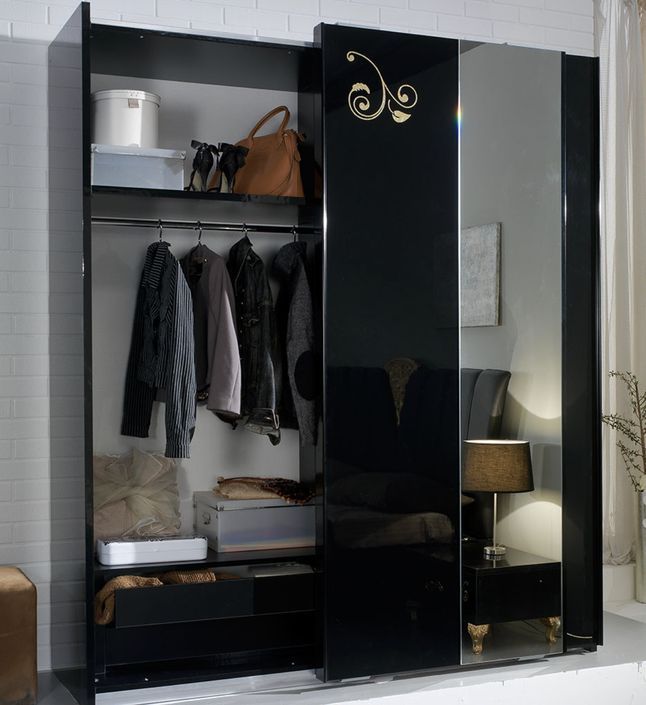 Armoire de chambre design 2 portes coulissantes bois laqué noir et doré Jade 182 cm - Photo n°4