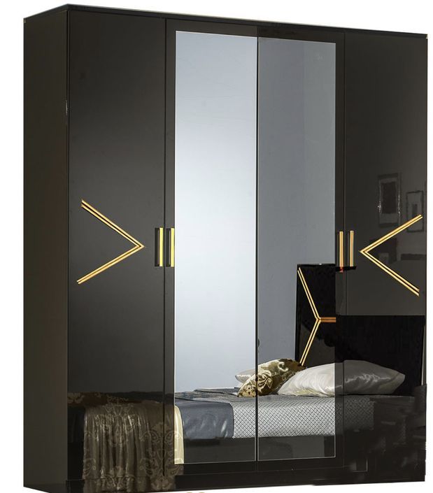 Armoire de chambre design 4 portes battantes bois noir laqué et métal doré Diamanto 182 cm - Photo n°1