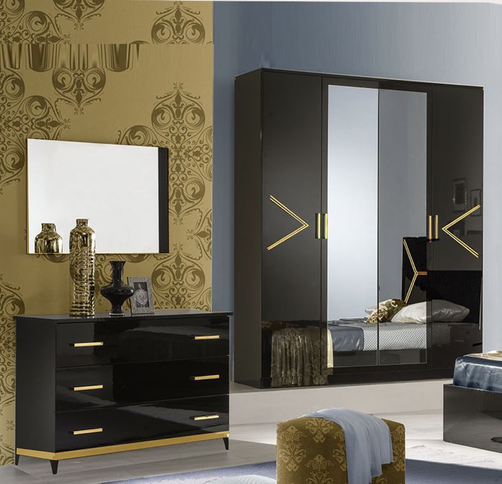 Armoire de chambre design 4 portes battantes bois noir laqué et métal doré Diamanto 182 cm - Photo n°2