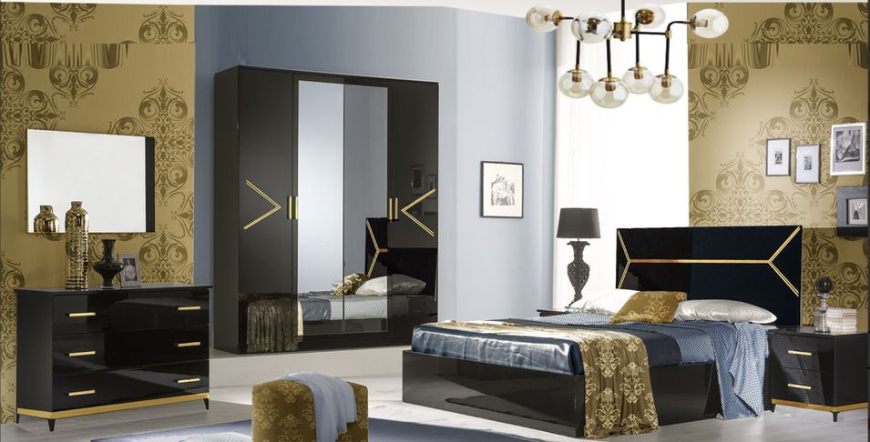 Armoire de chambre design 4 portes battantes bois noir laqué et métal doré Diamanto 182 cm - Photo n°4