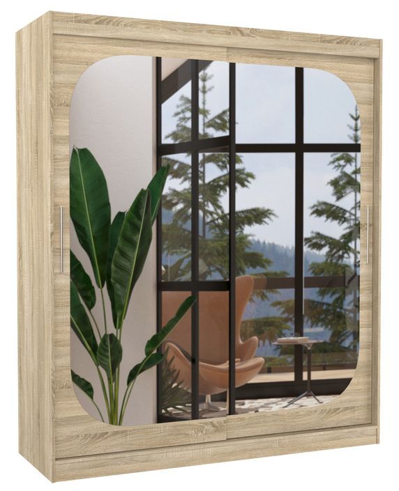Armoire de chambre design bois clair 2 portes coulissantes avec miroir Ibizo 180 cm - Photo n°1