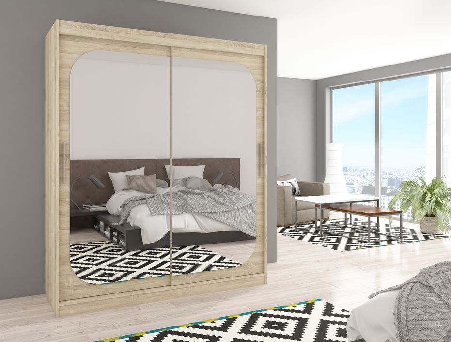 Armoire de chambre design bois clair 2 portes coulissantes avec miroir Ibizo 180 cm - Photo n°2