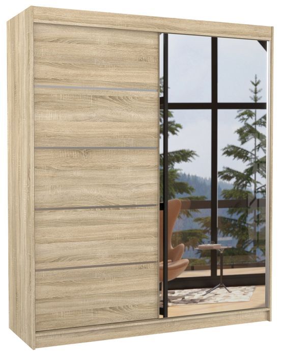 Armoire de chambre design bois clair 2 portes coulissantes bois clair et alu avec miroir Karena 180 cm - Photo n°1