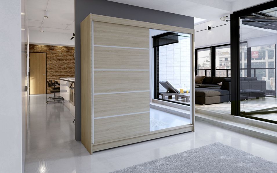 Armoire de chambre design bois clair 2 portes coulissantes bois clair et alu avec miroir Karena 180 cm - Photo n°3