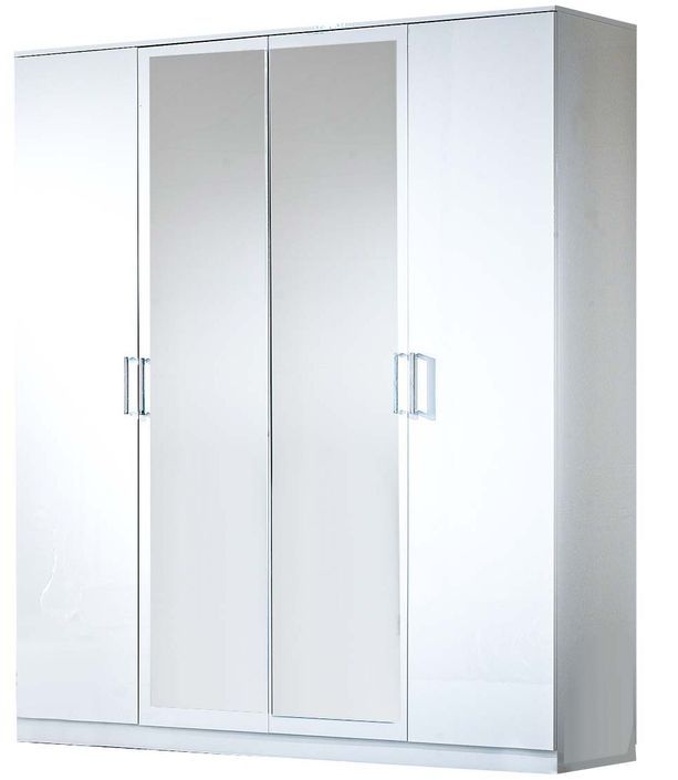 Armoire de chambre moderne 4 portes battantes bois blanc laqué et miroir Mona 181 cm - Photo n°1