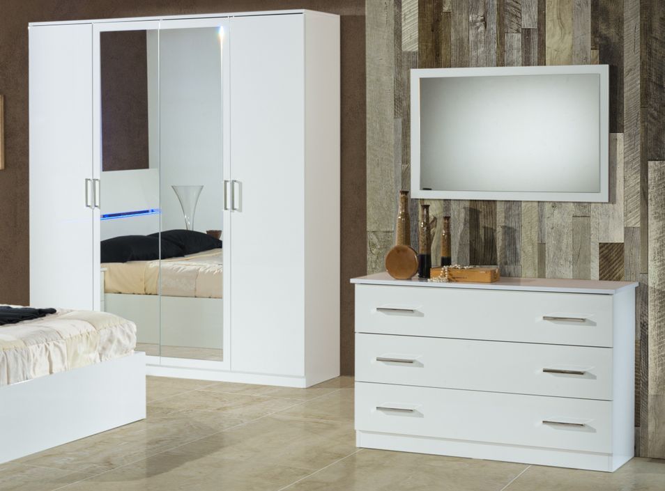 Armoire de chambre moderne 4 portes battantes bois blanc laqué et miroir Mona 181 cm - Photo n°2