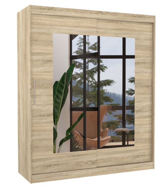 Armoire de chambre moderne bois clair 2 portes coulissantes avec miroir Rozika 180 cm - Photo n°1