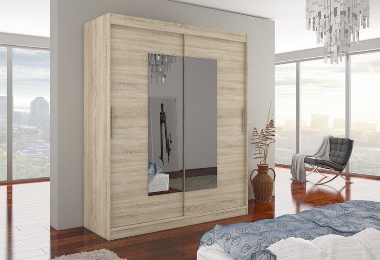 Armoire de chambre moderne bois clair 2 portes coulissantes avec miroir Rozika 180 cm - Photo n°3