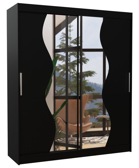 Armoire de chambre moderne noir 2 portes coulissantes avec miroir Voky 180 cm - Photo n°1
