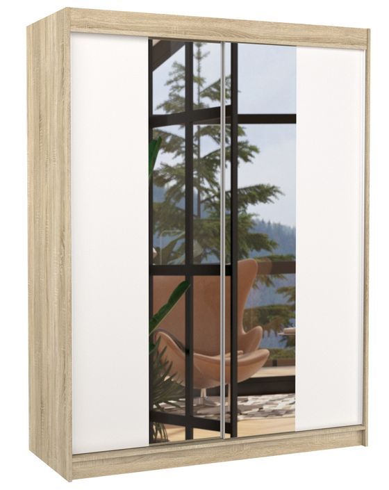 Armoire de chambre naturel 2 portes coulissantes bois blanc et miroir Zomka 150 cm - Photo n°1