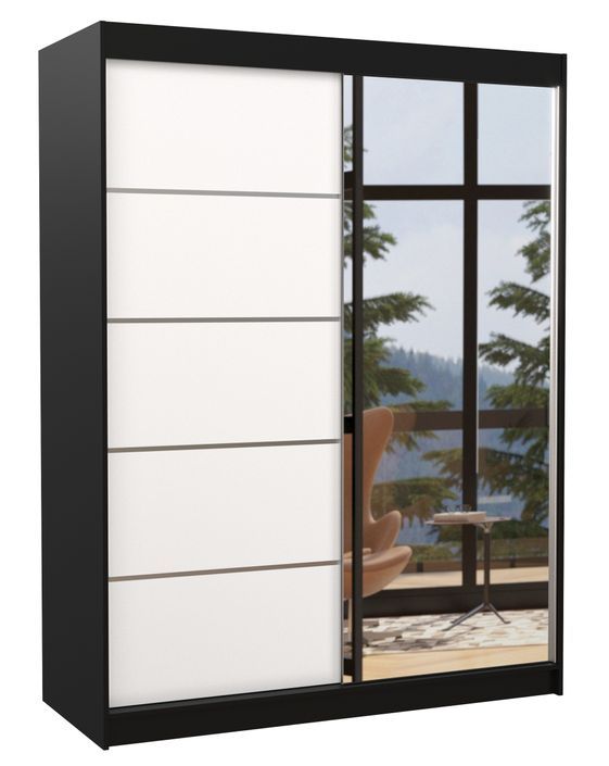 Armoire de chambre noir 2 portes coulissantes 1 blanche et 1 miroir Limka 150 cm - Photo n°1