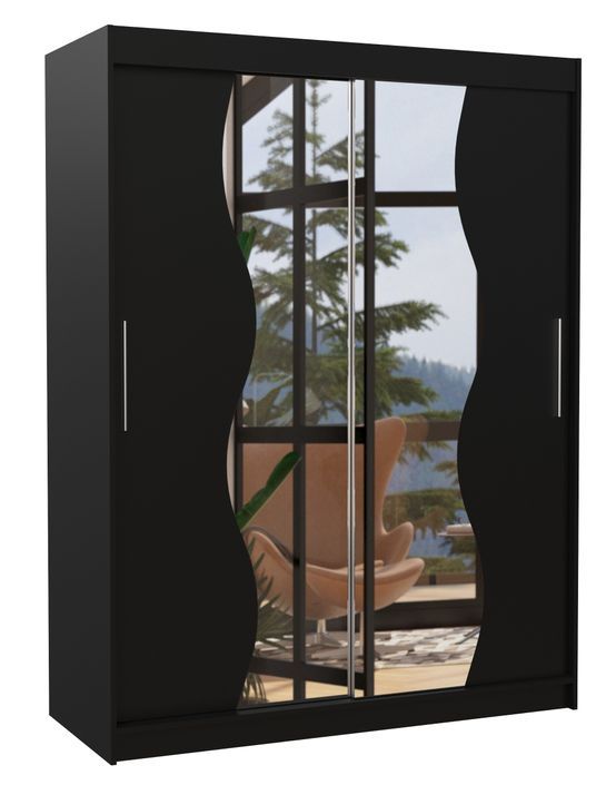Armoire de chambre noir 2 portes coulissantes avec miroir Renka 150 cm - Photo n°1