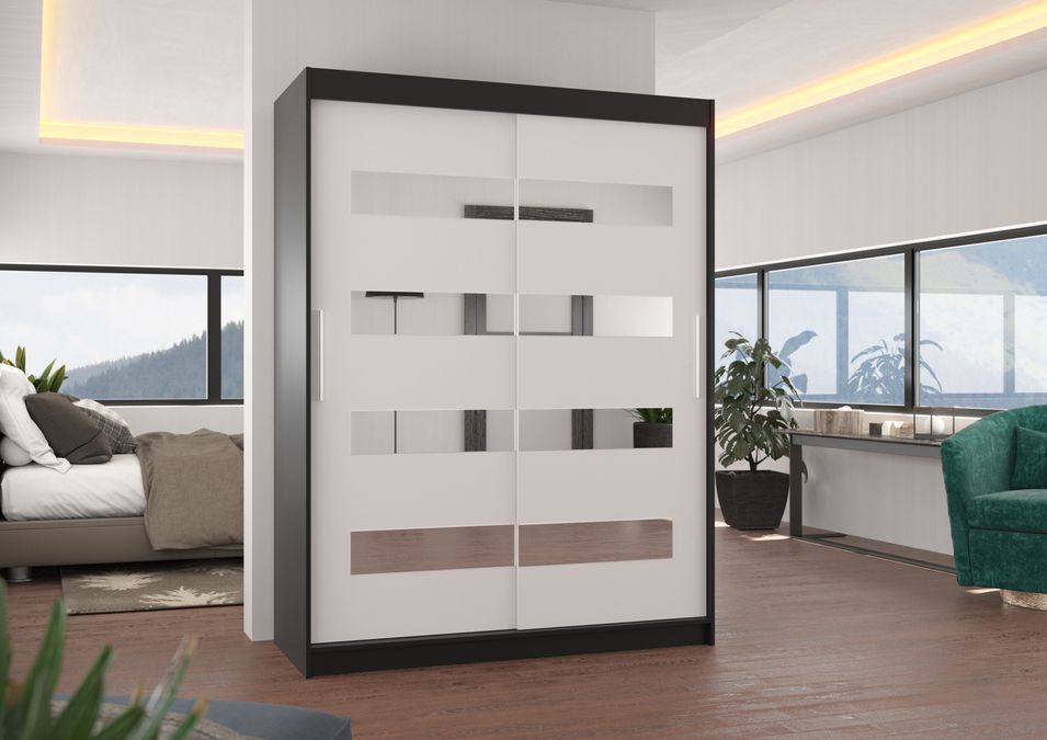 Armoire de chambre noir 2 portes coulissantes blanc et miroirs horizontaux Bozika 150 cm - Photo n°2