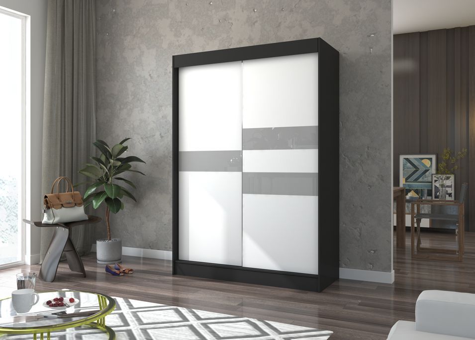 Armoire de chambre noir à portes coulissantes bois blanc mat et gris laqué Korza - 3 tailles - Photo n°5