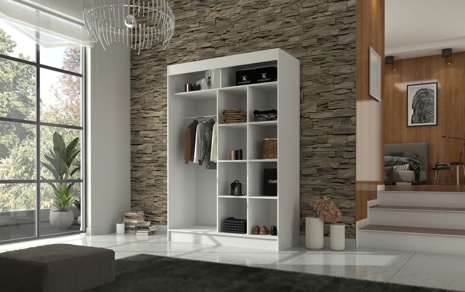 Armoire de chambre noir à portes coulissantes bois blanc mat et gris laqué Korza - 3 tailles - Photo n°8