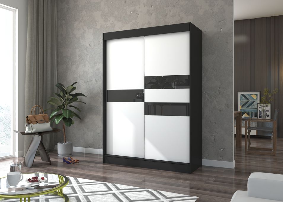 Armoire de chambre noir à portes coulissantes bois blanc mat et noir laqué Korza - 3 tailles - Photo n°8