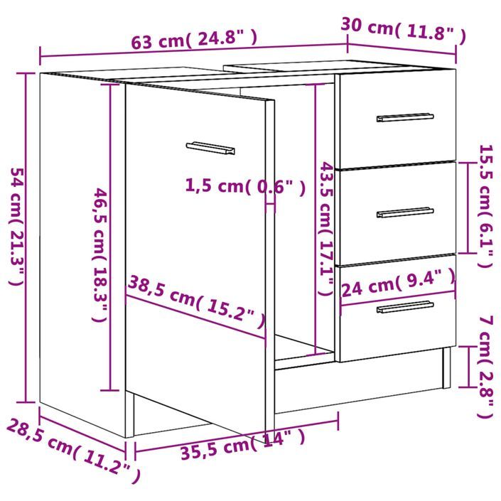 Armoire de lavabo Chêne marron 63x30x54 cm Bois d'ingénierie - Photo n°9