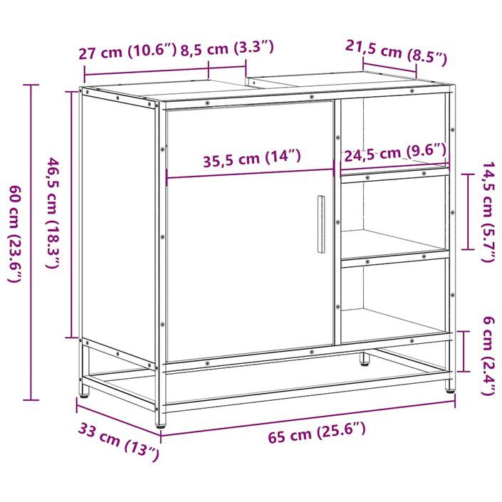 Armoire de lavabo de salle de bain chêne fumé 65x33x60 cm - Photo n°12