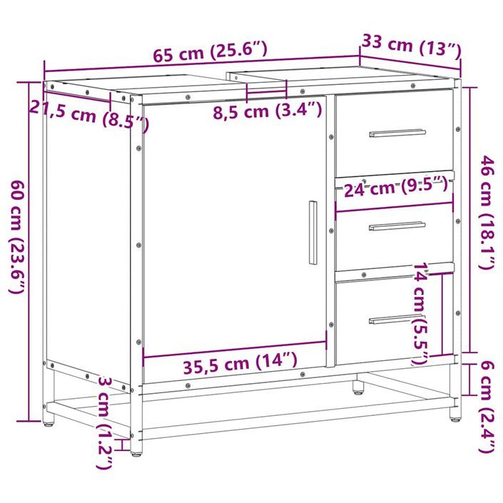 Armoire de lavabo de salle de bain chêne fumé 65x33x60 cm - Photo n°12