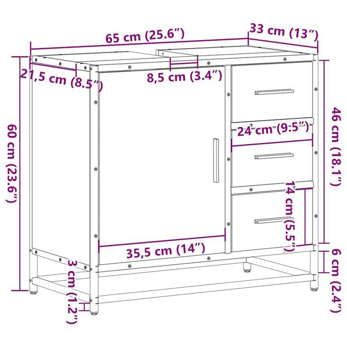 Armoire de lavabo de salle de bain noir 65x33x60 cm - Photo n°12