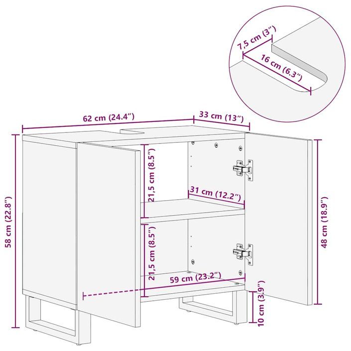 Armoire de lavabo noir 62x33x58 cm bois massif de manguier - Photo n°12