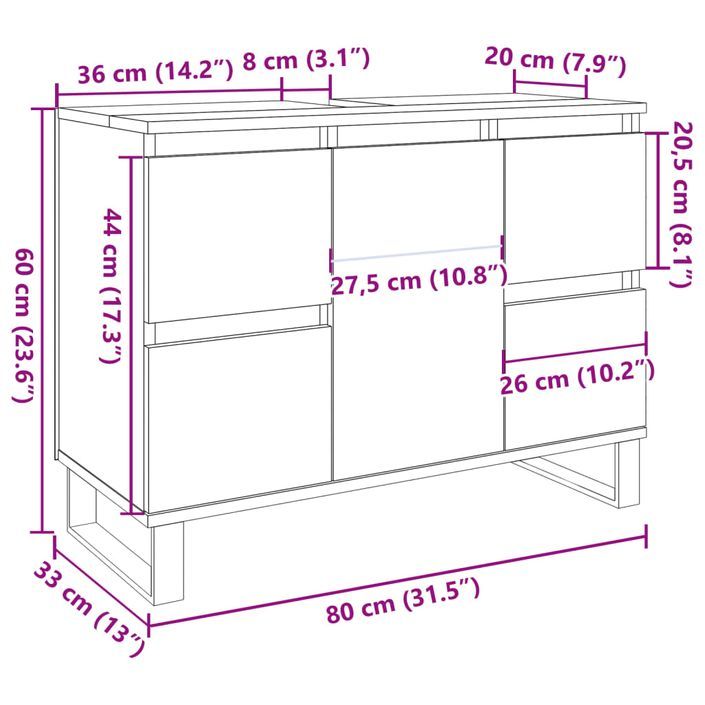 Armoire de lavabo salle de bain gris béton 80x33x60 cm - Photo n°11