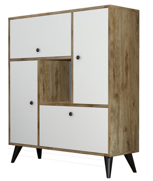 Armoire de rangement 4 portes bois noyer et blanc Mixa 105 cm - Photo n°1