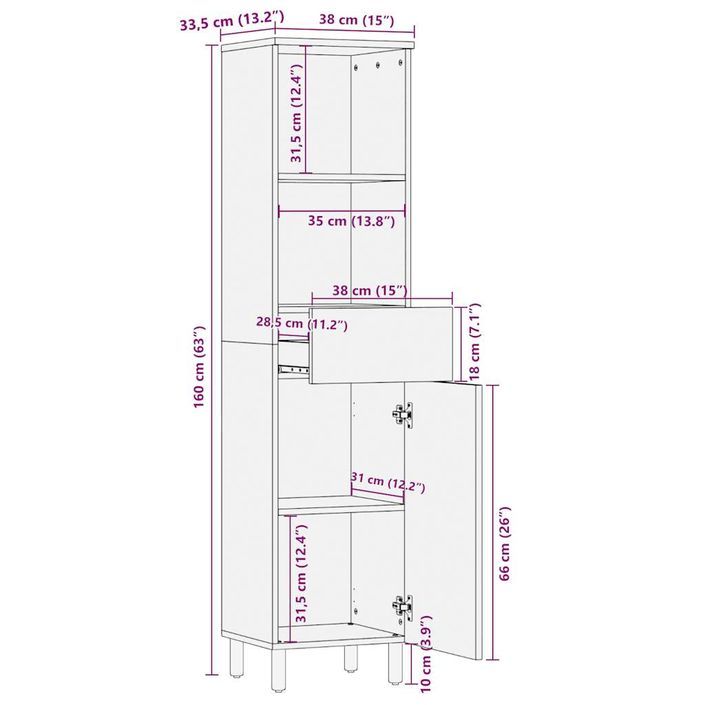 Armoire de salle de bain 38x33,5x160 cm bois massif de manguier - Photo n°12