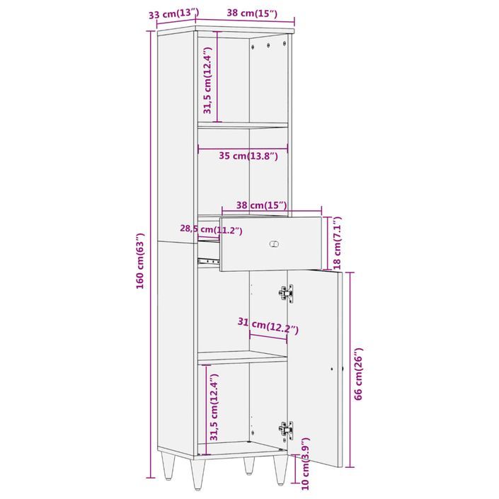 Armoire de salle de bain 38x33x160 cm bois massif de manguier - Photo n°12