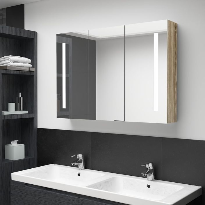 Armoire de salle de bain à miroir LED 89x14x62 cm Chêne - Photo n°2