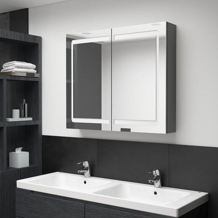 Armoire de salle de bain à miroir LED Gris 80x12x68 cm - Photo n°2