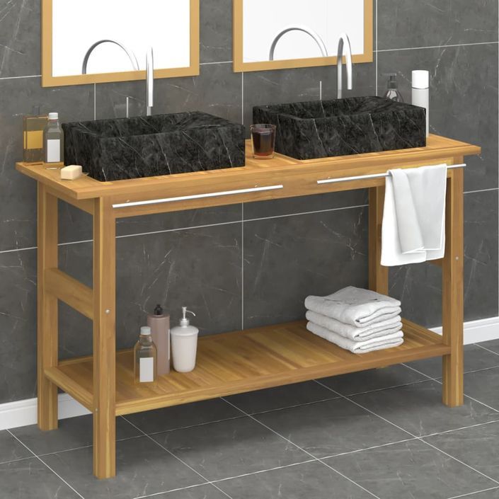 Armoire de salle de bain et lavabos rectangles en marbre noir Teck massif - Photo n°1