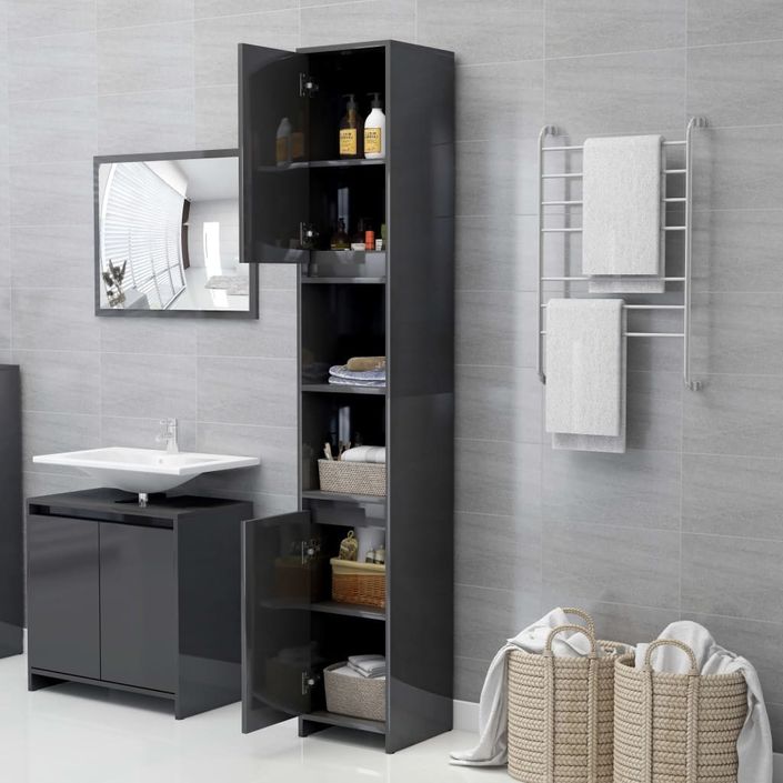 Armoire de salle de bain Gris brillant 30x30x183,5 cm - Photo n°4