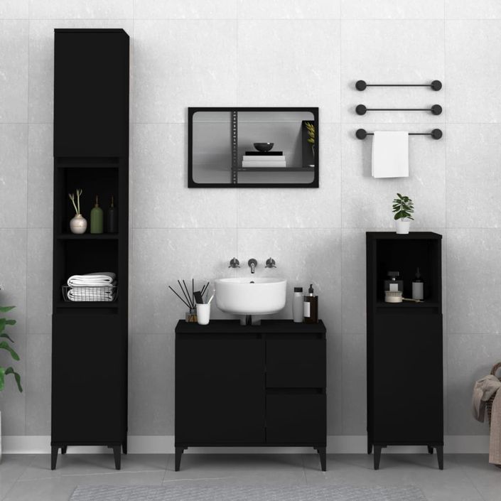 Armoire de salle de bain noir 30x30x100 cm bois d'ingénierie - Photo n°1